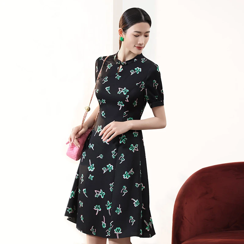 K&CH纤印花旗袍裙复古丽人杭州西湖丽江古城拍照连衣裙8362S230E1