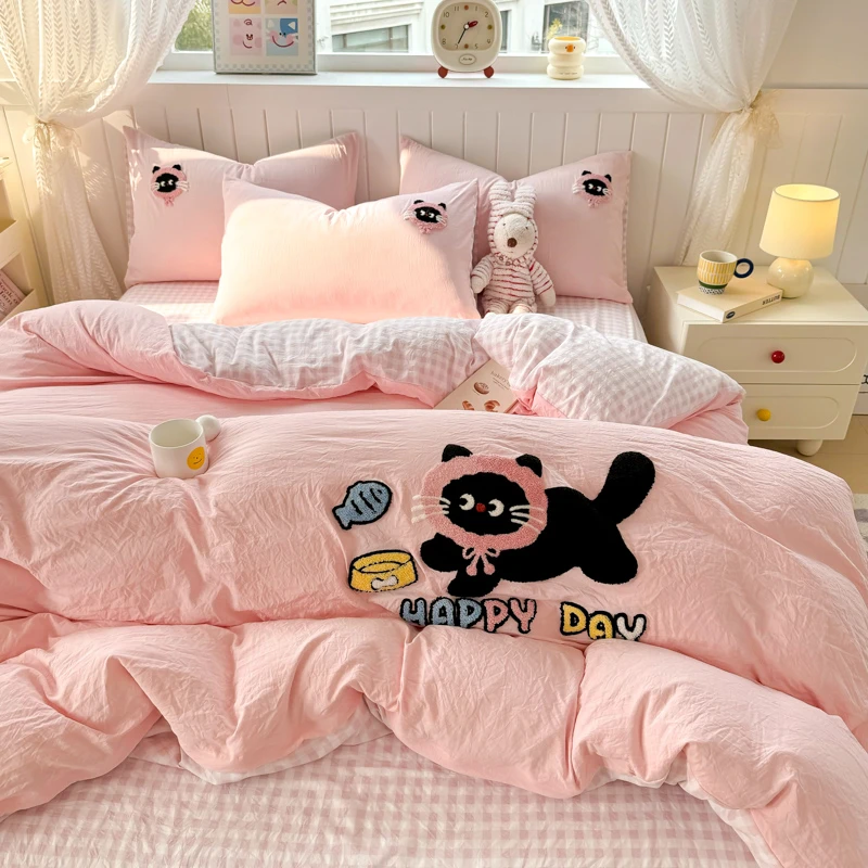 四季款超软面料床品四件套毛巾绣花工艺款双面可用4宿舍单人被套