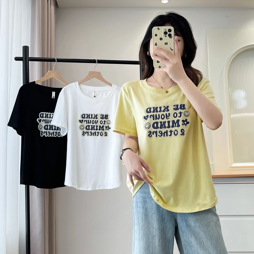 2025夏季新款大码百搭宽松显瘦减龄设计感圆领字母印花短袖T恤