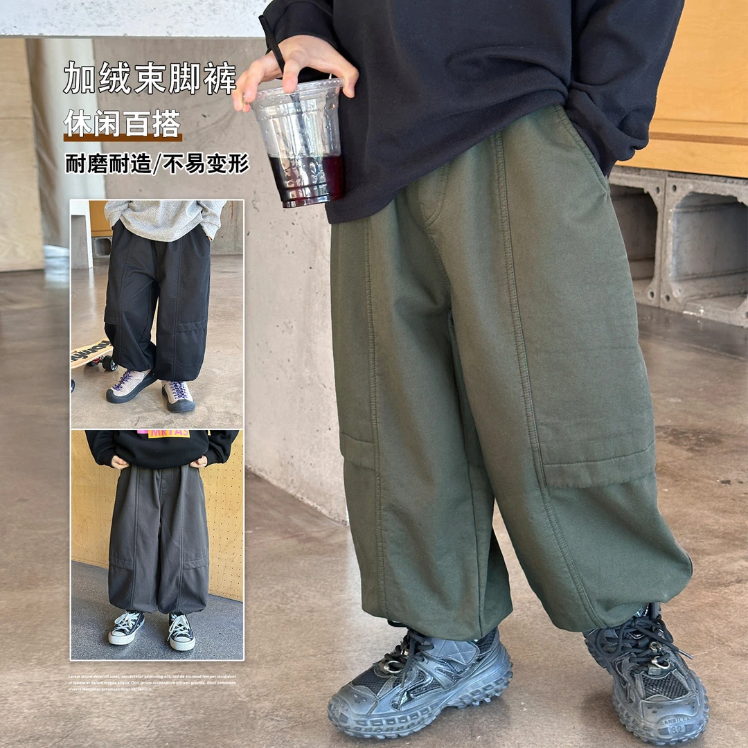 儿童加厚裤子男童加绒工装休闲裤秋冬款2025冬季男孩一体绒保暖裤