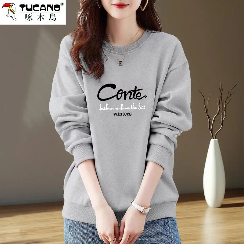 啄木鸟圆领卫衣女秋冬新款宽松大码修身显瘦韩版长袖加绒休闲上衣