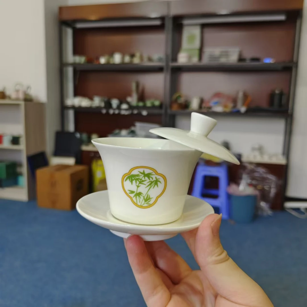 德化云仓 羊脂玉瓷绿竹悬停三才盖碗家用简约泡茶盖碗-4507