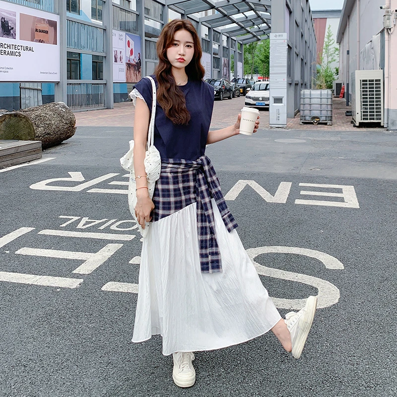 小众设计感格子拼接连衣裙女中长款2025夏季新款韩版假两件A字裙