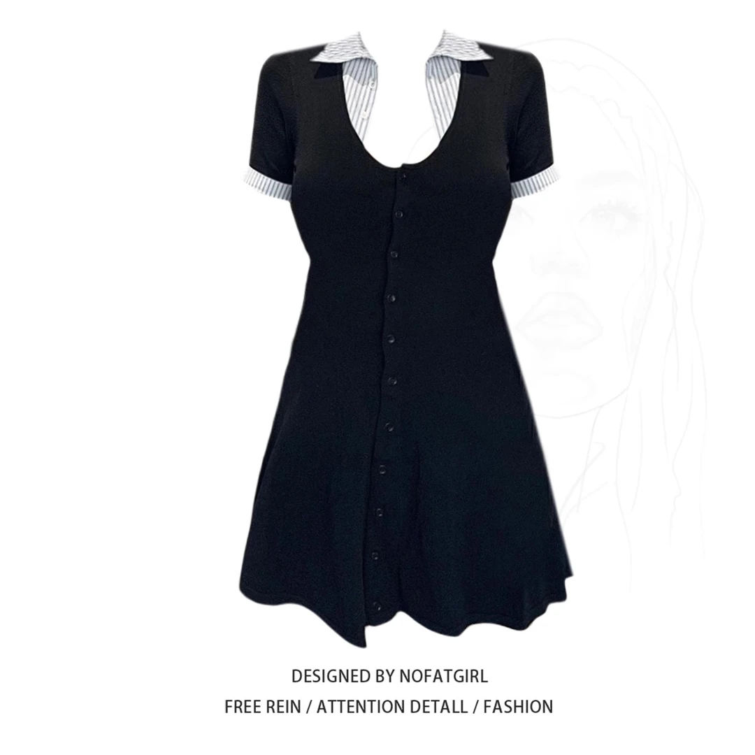 大码胖MM韩系学院风假两件连衣裙女夏季新款收腰显瘦设计感短裙子