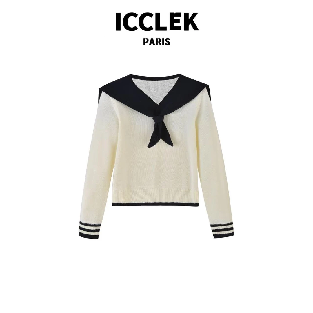 【玲姐专属】ICCLEK 海军领套头拼色针织衫 时尚 百搭 -7042