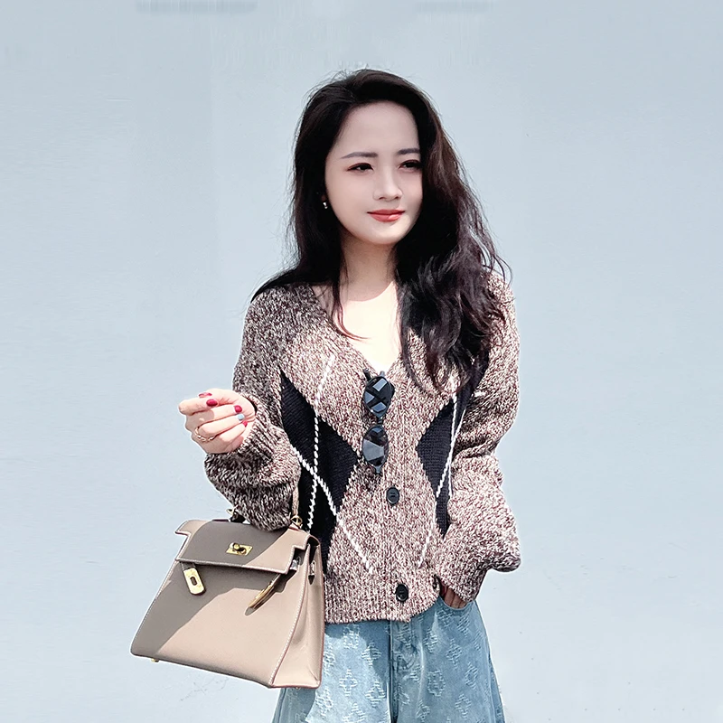 法式浪漫 菱格纹棉V领羊毛柔软针织衫开衫休闲外搭