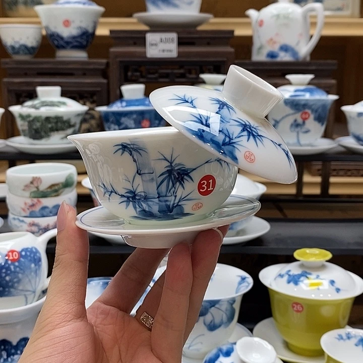 手绘竹子悬停盖碗150cc釉下彩微瑕福利款