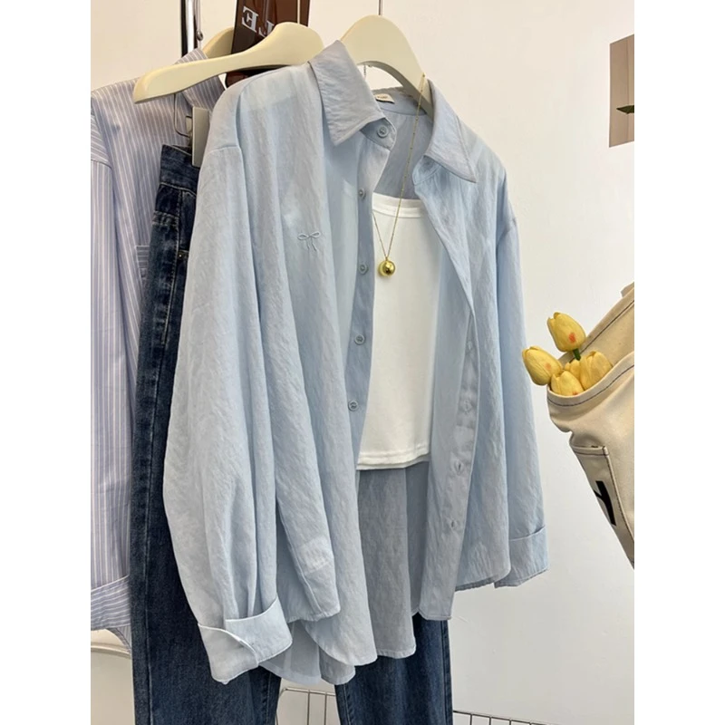 大码胖mm轻薄简约气质纯色衬衣夏季防晒衫翻领薄款高级感长袖衬衫