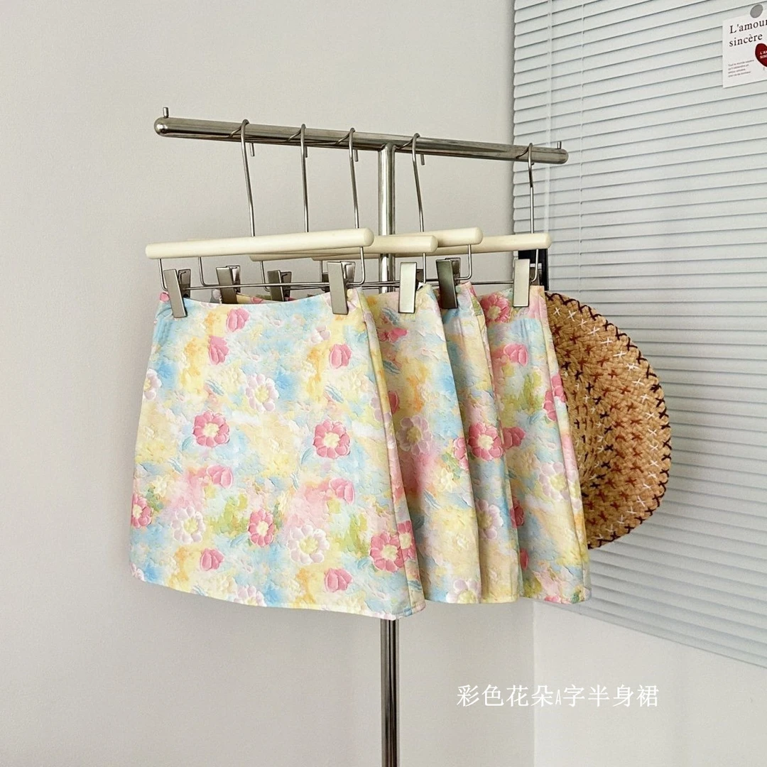 海派甜心2025彩色花朵A字半身裙女夏新款小个子度假风显瘦短裙子