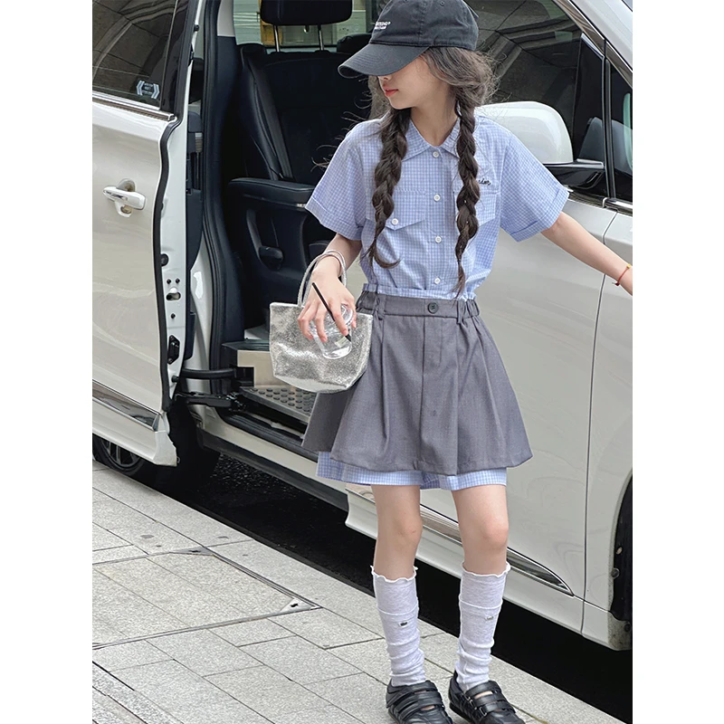 K28483格纹女童套装裙2025夏装新款儿童休闲短袖两件套衬衫裤子潮