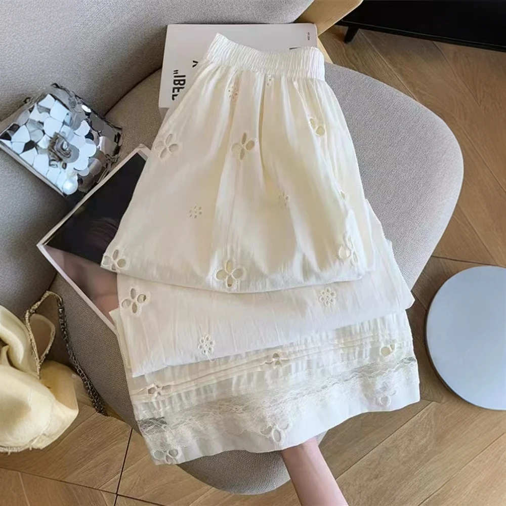 蕾丝钩花刺绣阔腿休闲裤女夏季新款大码梨形身材高腰显瘦直筒长裤