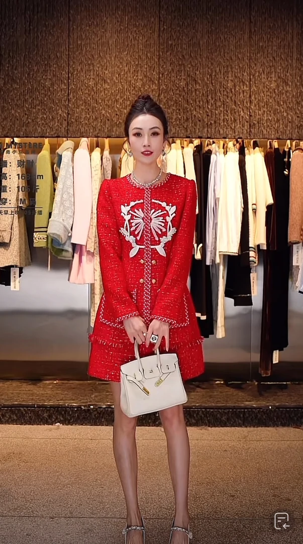 2025春季时尚女装新年红氛围感优雅显瘦长袖收腰连衣裙GSEN5557