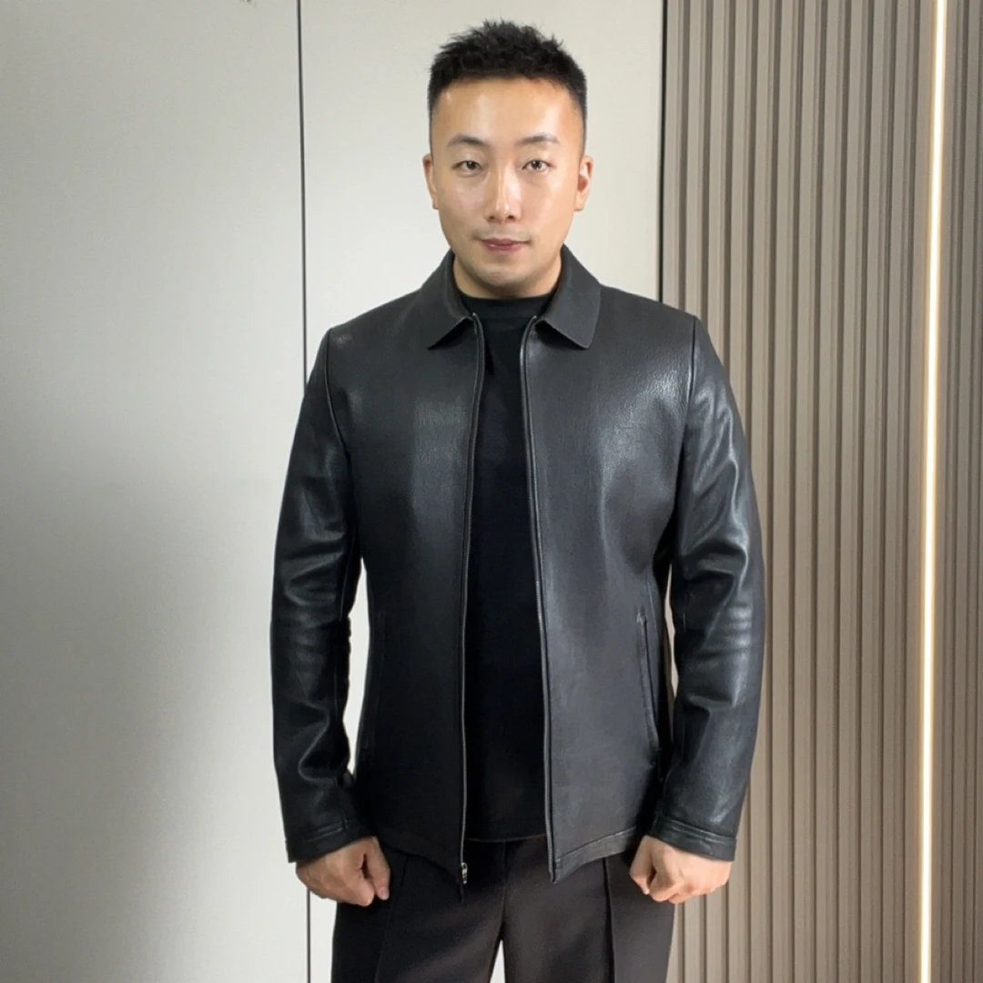 山羊皮小方领夹克（后背整皮）男士高端真皮皮衣
