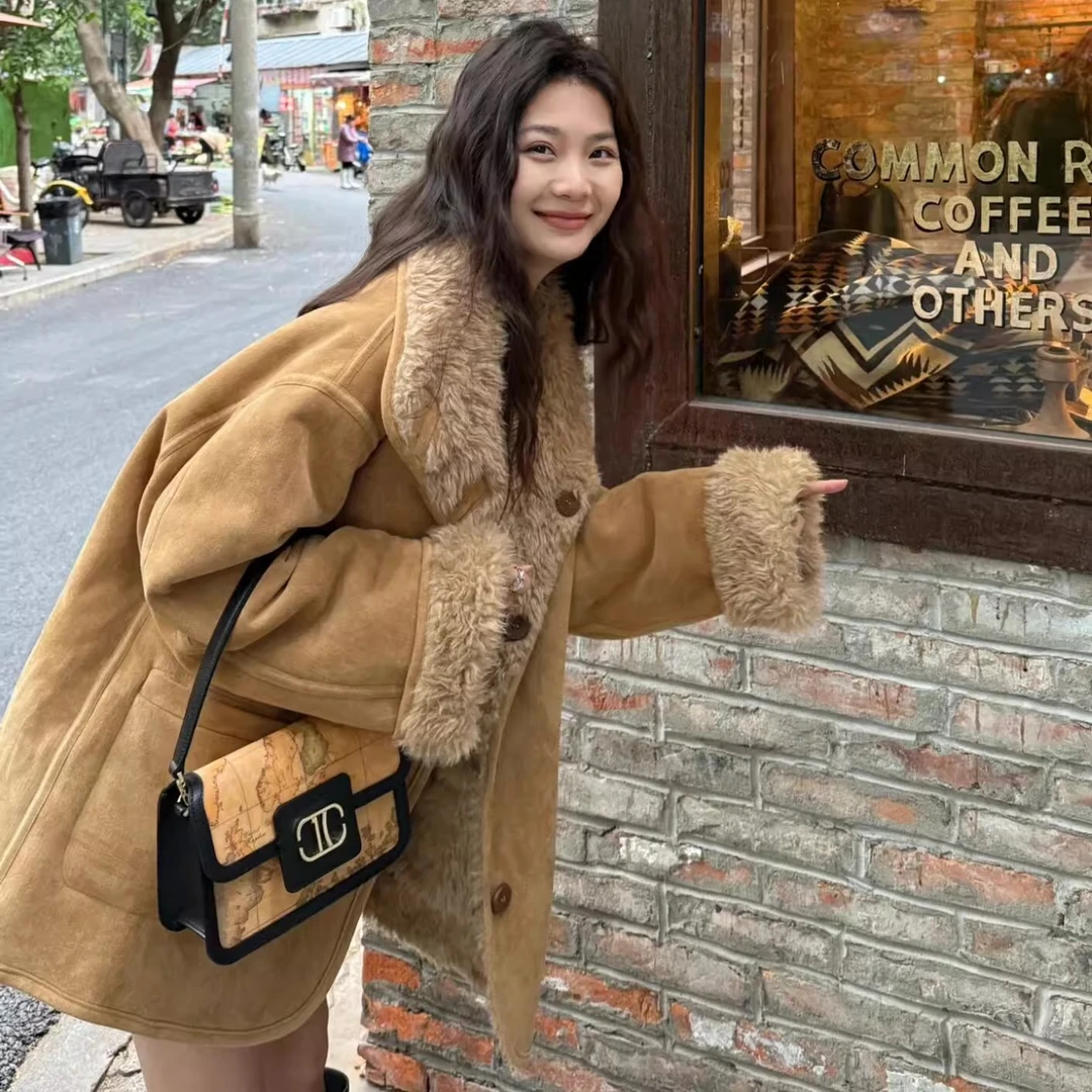 环保皮草两面穿皮毛一体羊羔毛机车服秋冬宽松加厚麂皮毛毛外套女