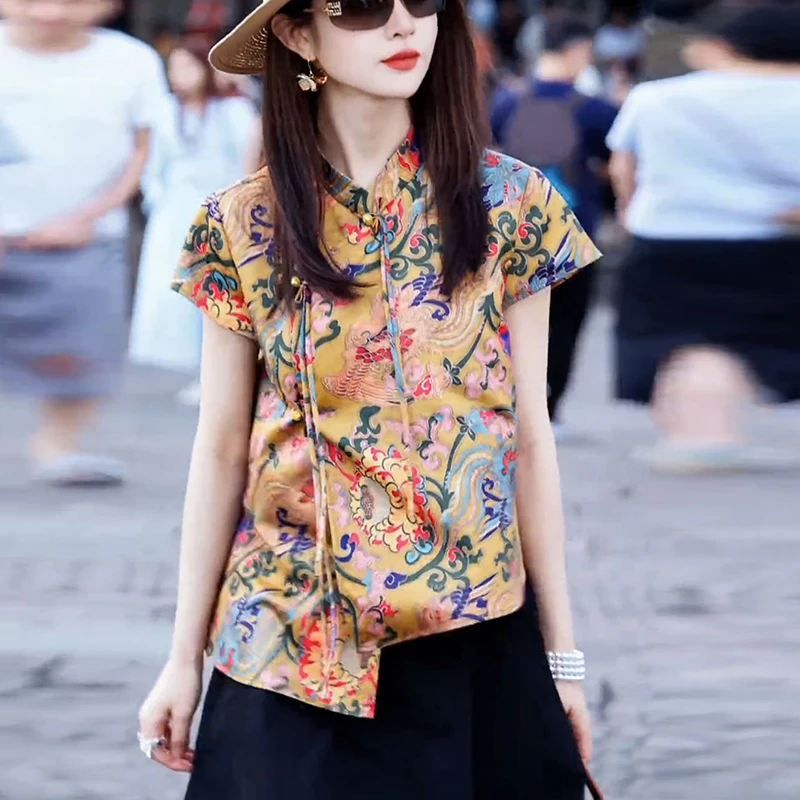 新中式国风女装2025新款小衫设计感小众短袖印花盘扣立领上衣