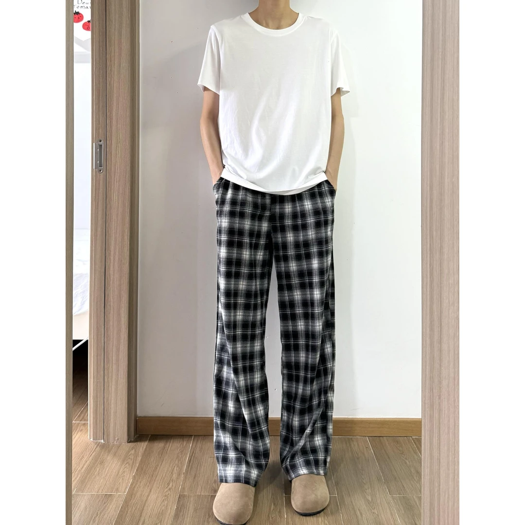 cleanfit黑白格子裤男夏季男生穿搭薄款裤子垂感休闲阔腿直筒长裤