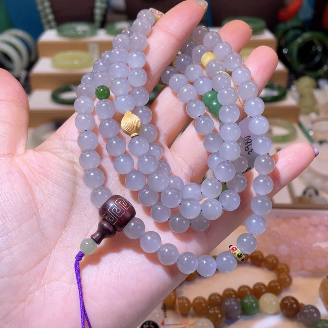 和田玉高品冰z紫108未镶嵌