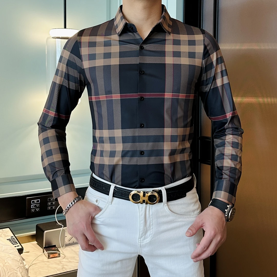 【珍珍男装】2025春款高端男士时尚格纹提花显瘦翻领长袖衬衫