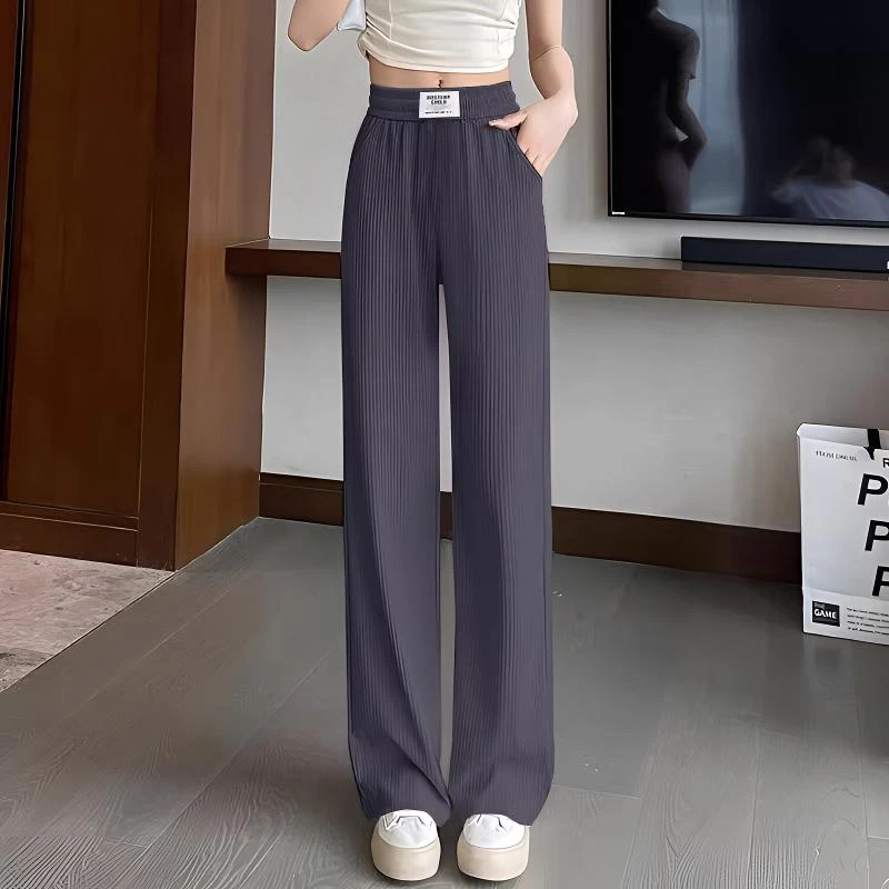 小个子黑色螺纹冰丝防晒裤女春夏薄款高腰垂感窄版百搭休闲阔腿裤