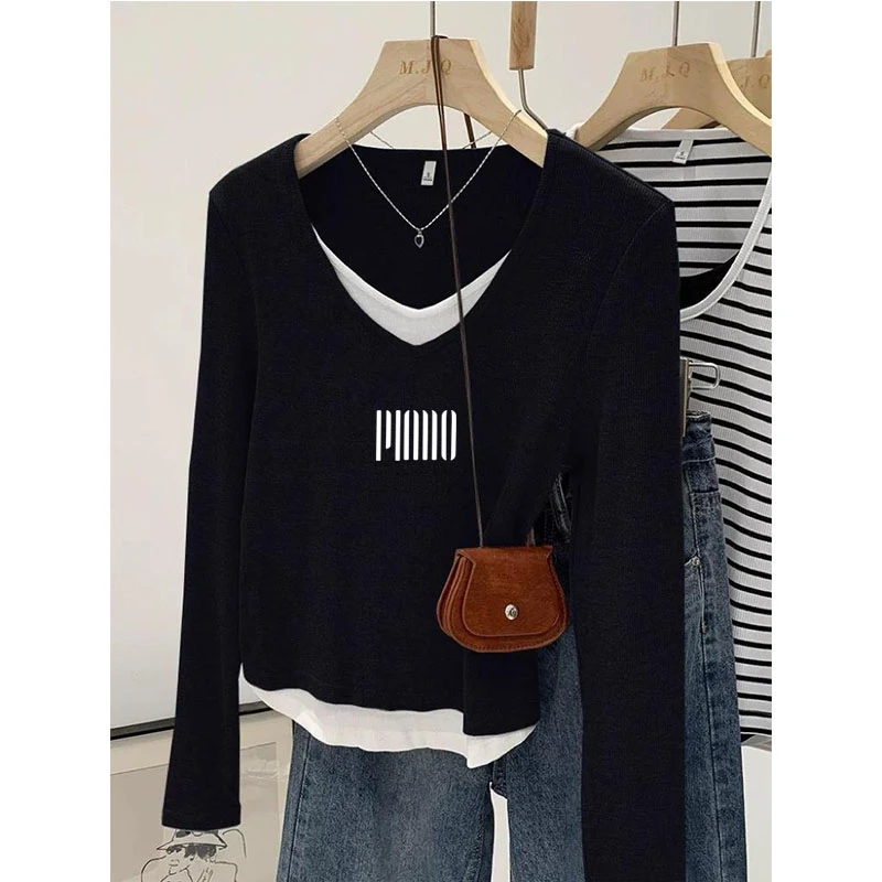 2025设计感假两件V领长袖t恤女早秋冬新款内搭休闲时尚打底衫上衣