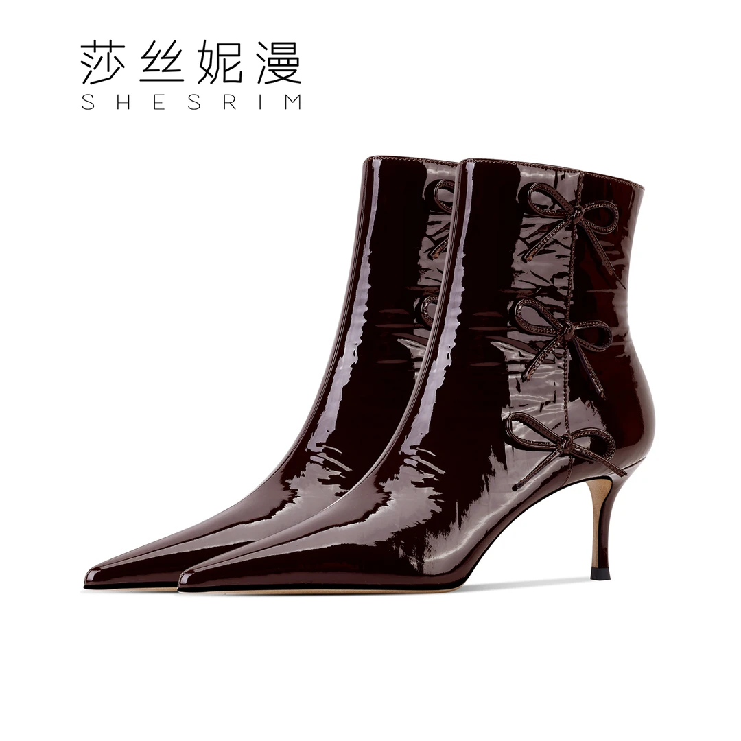 462-「6.5CM」冬季蝴蝶结女靴上新内里加绒尖头细高跟时装短靴