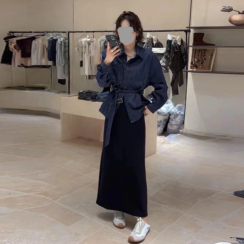 欧货复古牛仔衬衫外套女秋季新款气质高级感翻领收腰显瘦绑带上衣