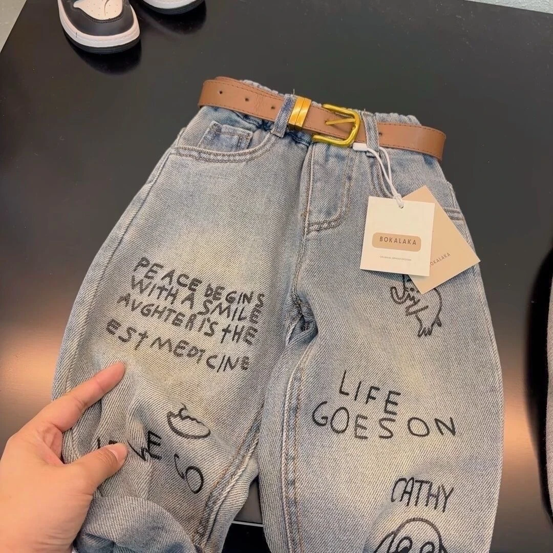 男童牛仔裤春秋季2025新款中小童卡通裤子宝宝时尚洋气休闲长裤潮