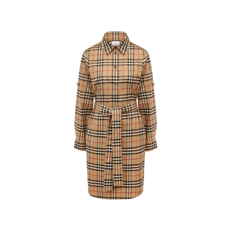 BURBERRY/博柏利经典格纹单排扣束腰衬衫长袖连衣裙卡其色8063498