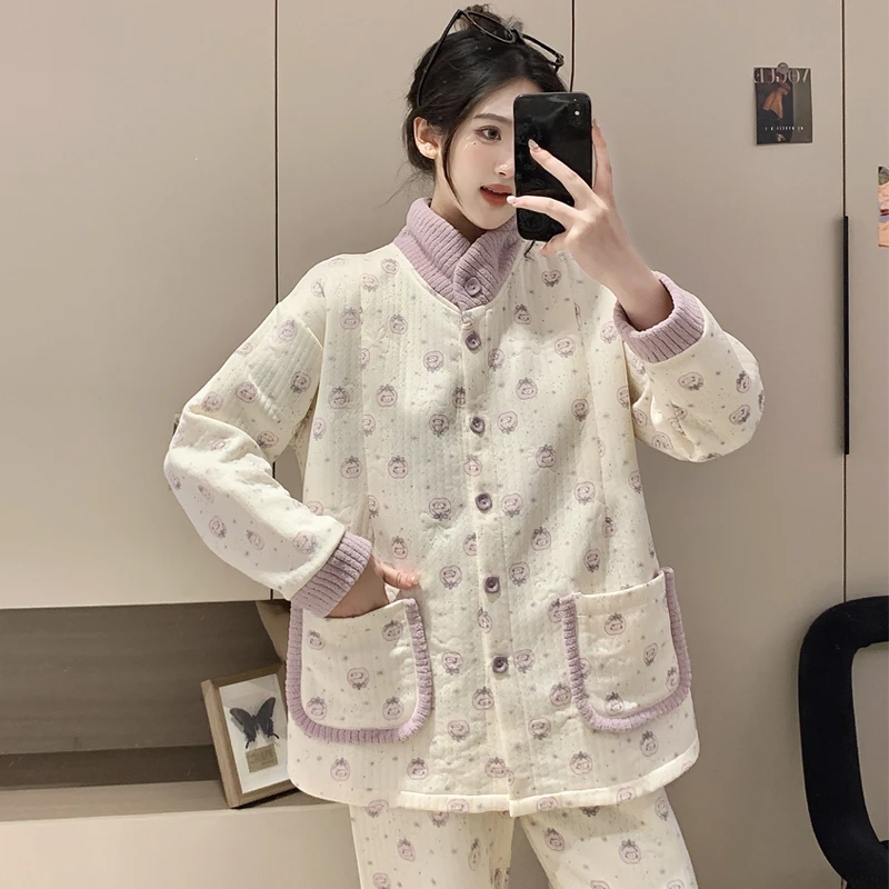 秋冬季月子服产后孕妇睡衣哺乳喂奶产妇空气棉夹层吸汗家居服套装