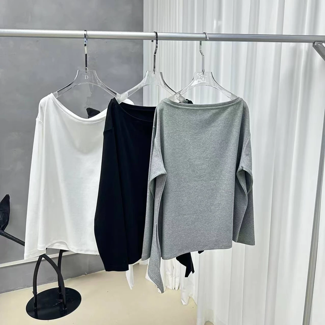 D STUDIO 三色打结造型一字肩长袖卫衣T恤 D1997