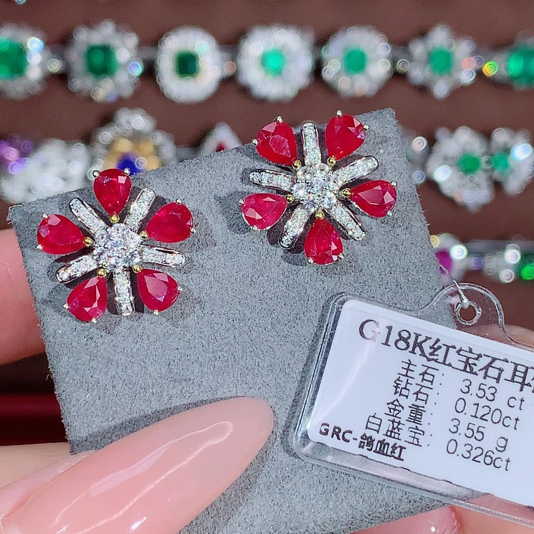 18K金镶嵌耳饰红宝石3.53ct/天然宝石/七天无理由