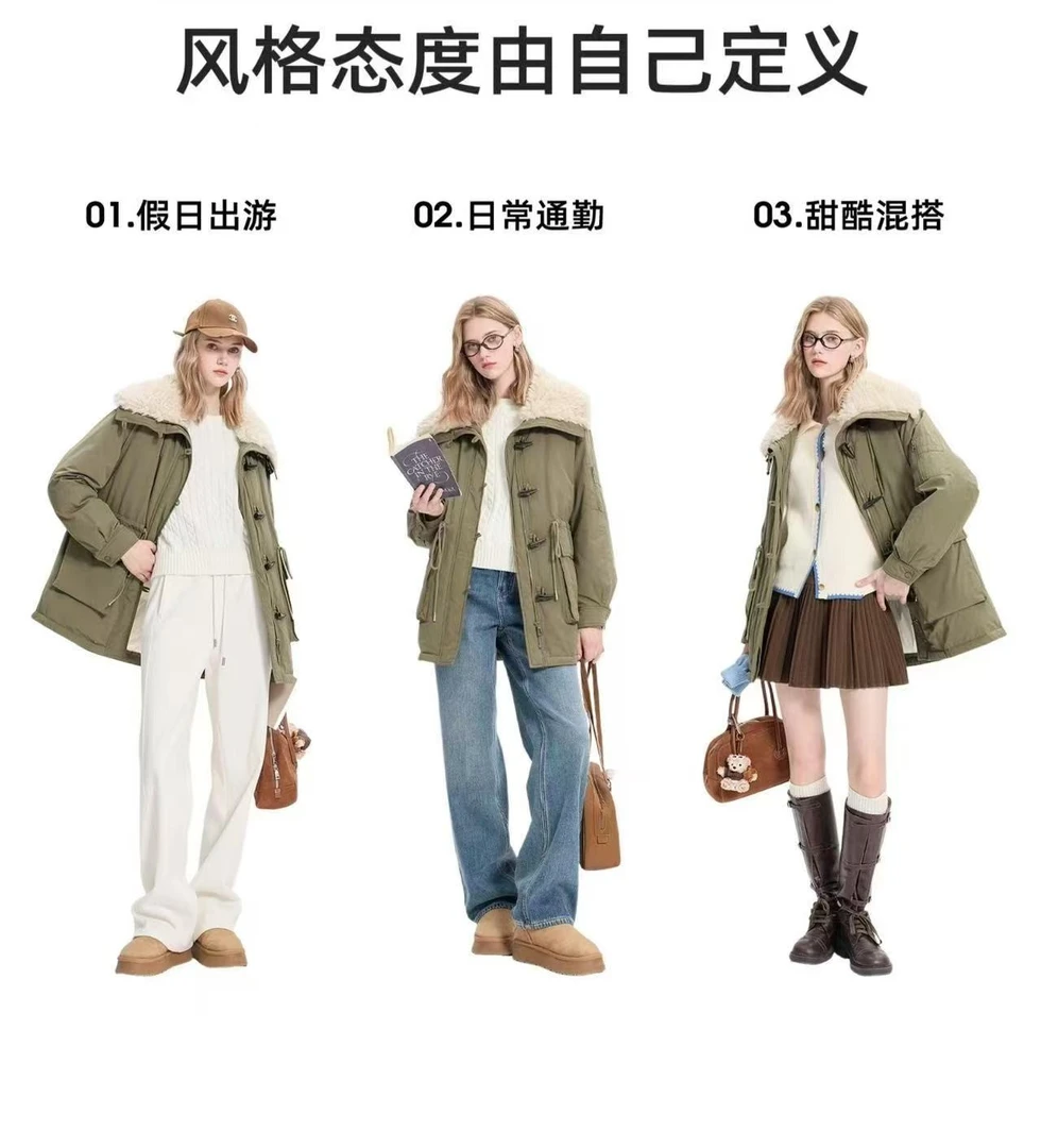 羊羔翻领牛角派克服工装棉服冬季加厚保暖棉袄外套