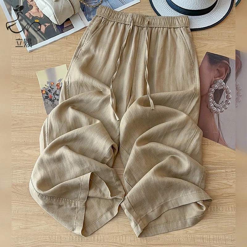 立赐夏季薄款卡其色直筒裤女2025新款高腰垂感宽松九分休闲阔腿裤