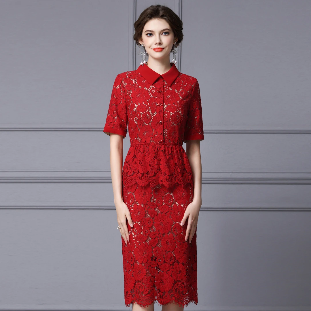 枝荔巨好看的夏日连衣裙2025新款假两件正式场合精致红色蕾丝裙子