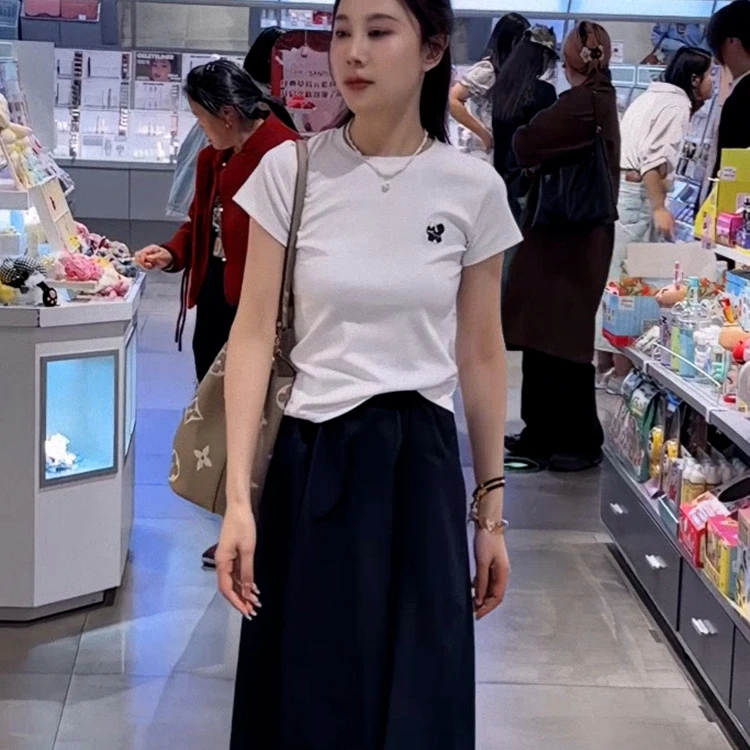 韩版时尚百搭白色印花短袖t恤女装2025夏季新款简约修身显瘦上衣