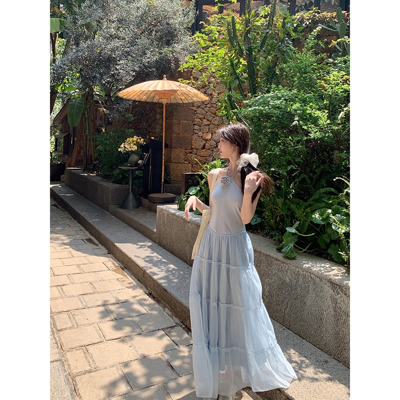 【冰氧薄荷连衣裙】夏季韩系气质挂脖小清晰显瘦连衣裙252H1646-N#
