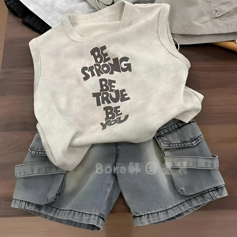 男童夏季套装2025新款爆款洋气时髦无袖背心时尚牛仔短裤休闲宽松