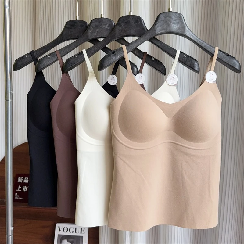 秋冬磨毛轻暖衣无痕裸感保暖吊带背心女带胸垫一体粉底液美背6018