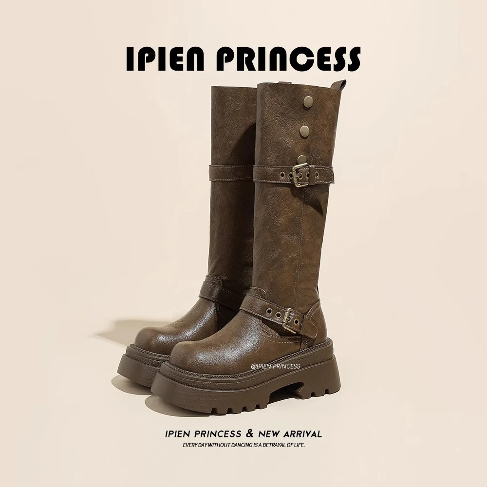 棕色复古长筒靴女2025秋冬高筒骑士靴厚底增高户外旅游西部牛仔靴