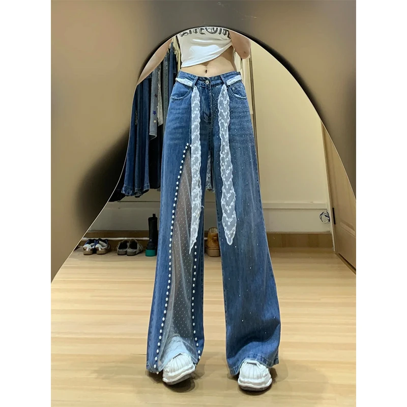 美式高街蕾丝设计感牛仔裤女2025夏季新款低腰宽松显瘦直筒阔腿裤