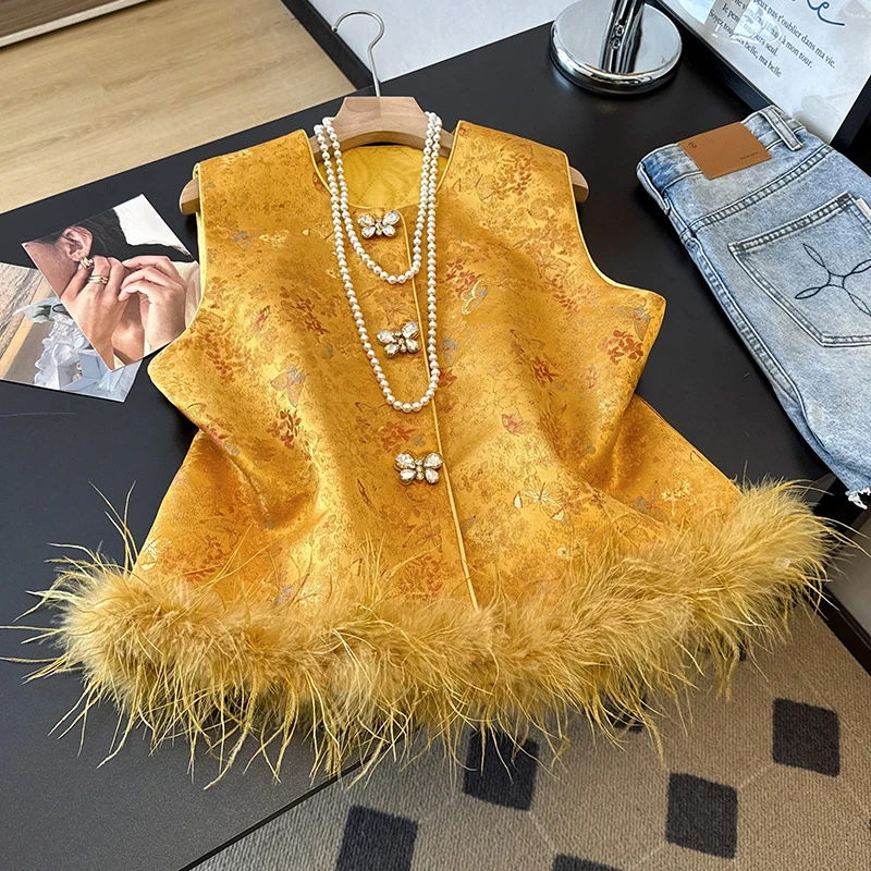 好质量中式国风马甲背心女秋季新款提花加厚感鸵鸟毛拼接上衣