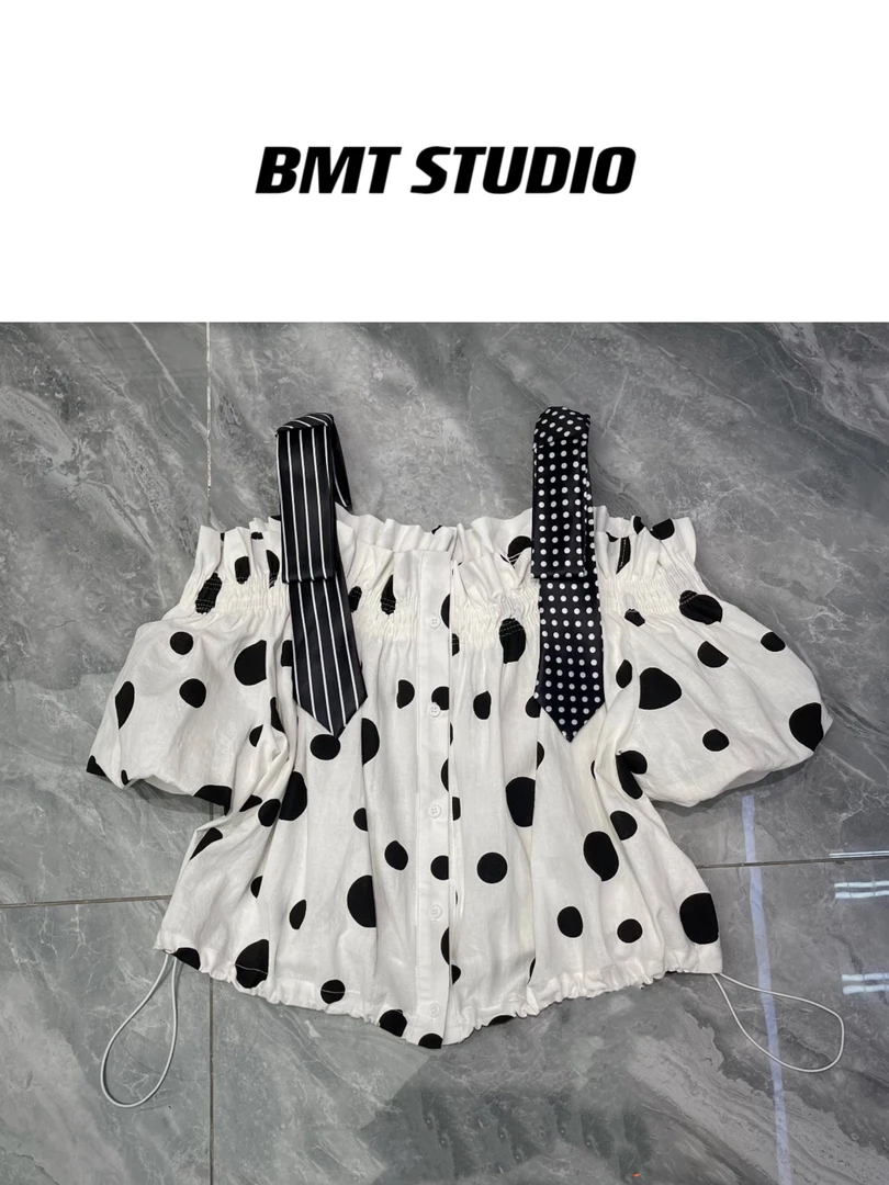 【小波点】原创设计师款领带肩带一字肩短袖衬衫