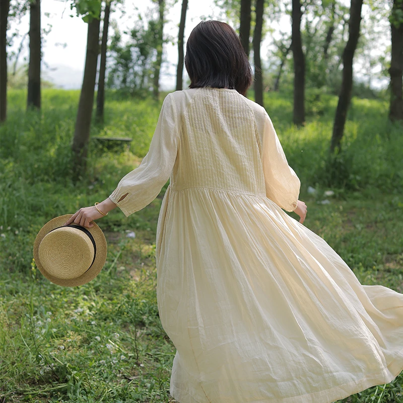 慢慢变蓝 原创文艺森系纯色苎麻V领茶服连衣裙仙女裙显瘦仙气女士