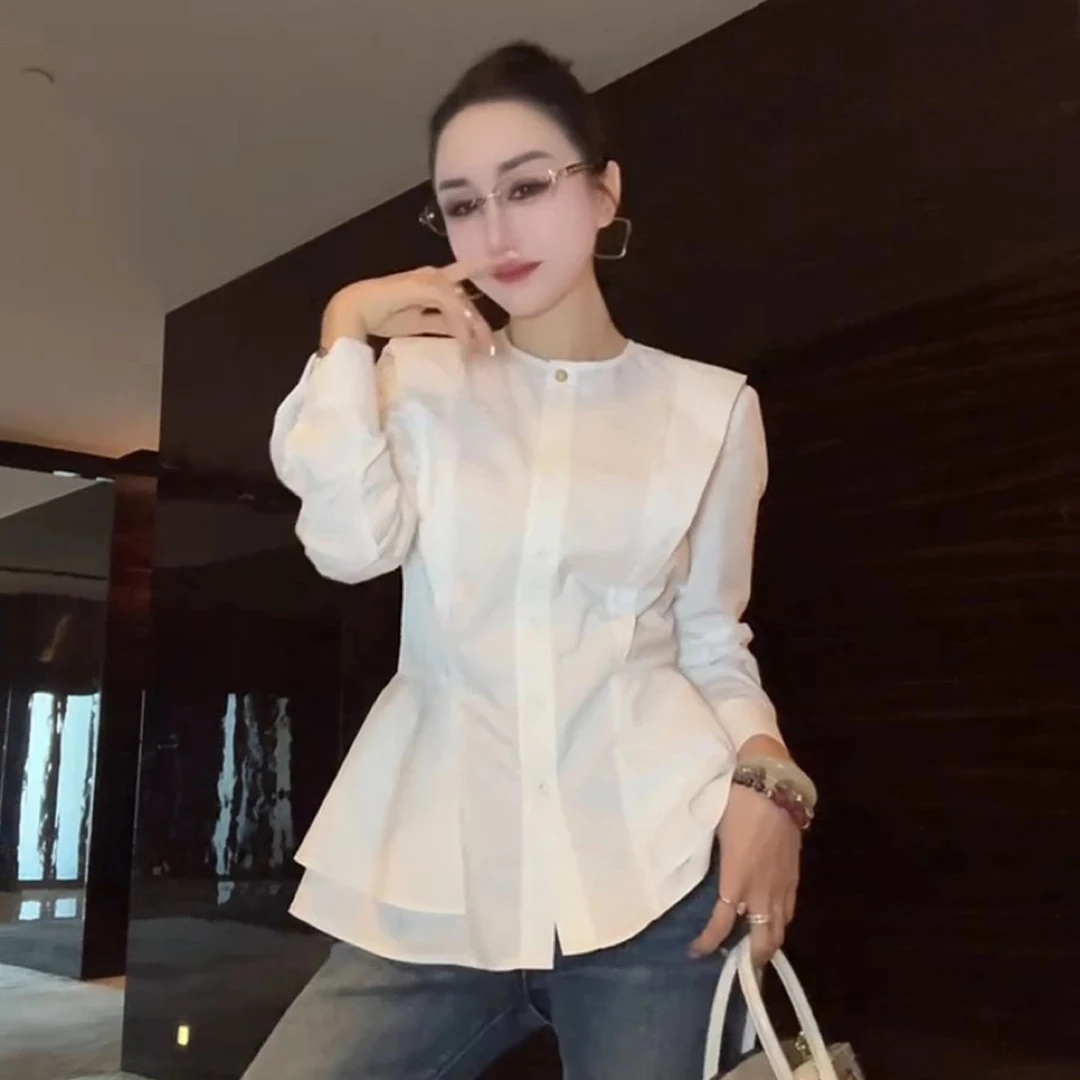 法式圆领长袖收腰蚂蚁腰显瘦衬衫早春新款设计感气质上衣大码女装
