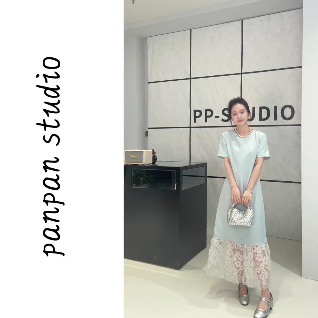 潘潘/2025新款法式高级感立体亮片串珠蕾丝拼接短袖连衣裙