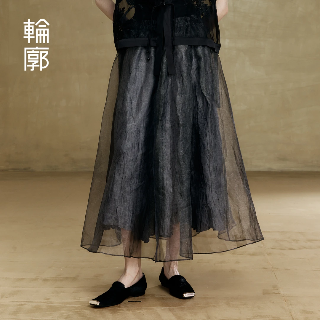 轮廓薄纱半身裙浪漫百搭中长裙通勤日常清冷松紧腰通勤L221Q002