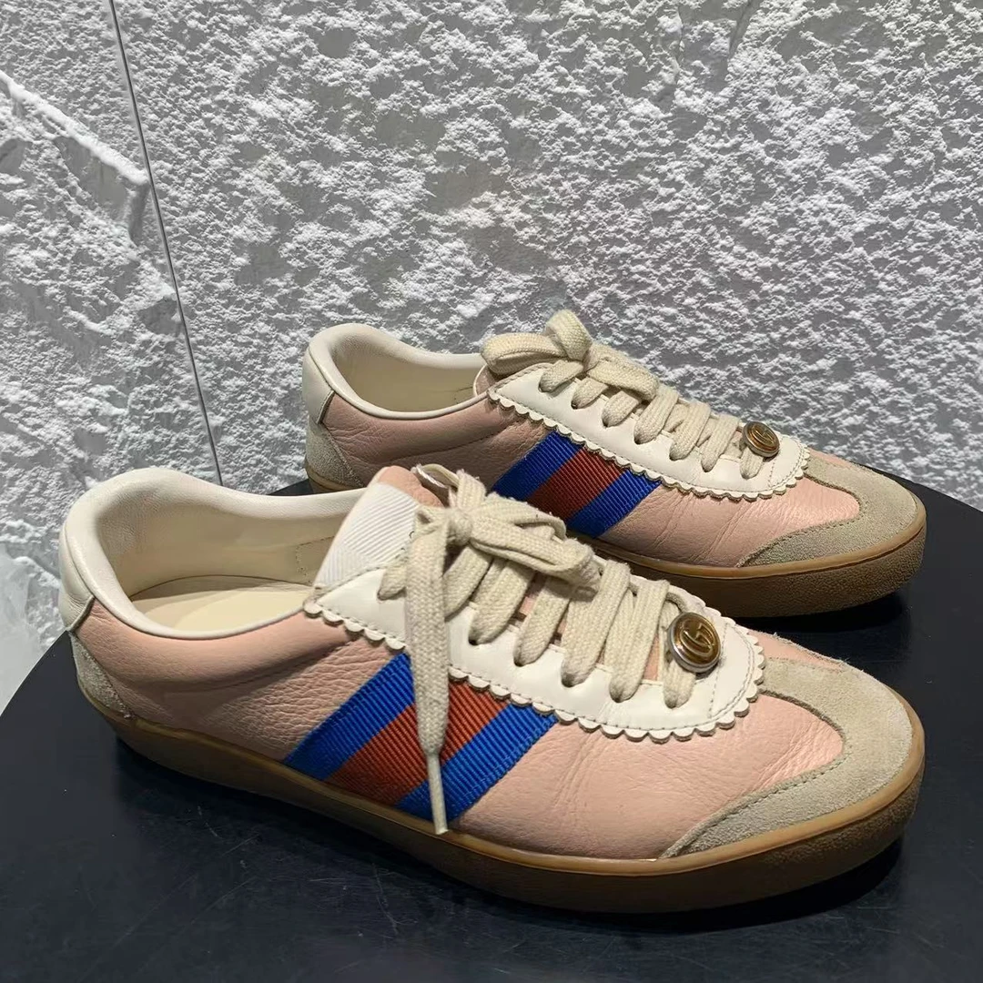 95新 GUCCI/古驰 36.5码/仔仔女鞋/灰粉色经典款拼色德训板鞋 928