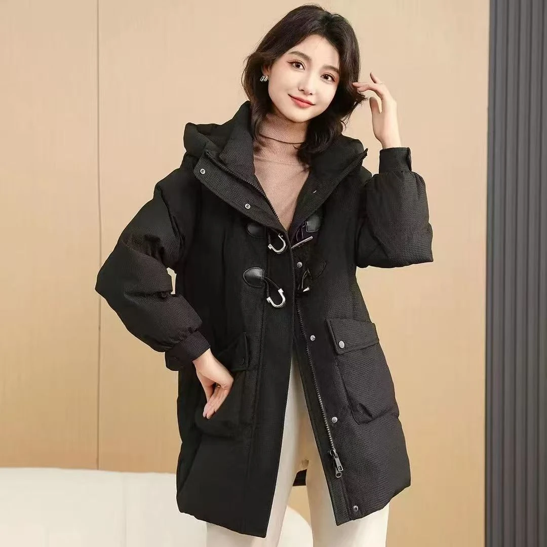 16Q冬季女士白鸭绒保暖连帽百搭羽绒服中长款金属扣pf577