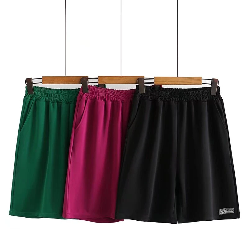 YLYW236裤脚贴标纯色松紧腰五分裤大码女装夏季透气休闲短裤百搭