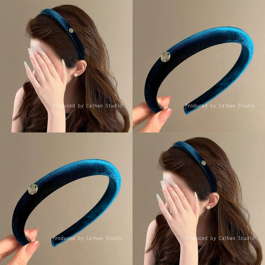 冷杉湖蓝~韩国丝绒纯色金标发箍文艺复古质感简约气质头箍盘发器